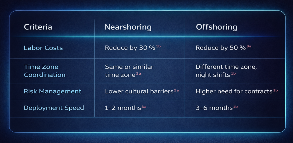 Graphical comparison of nearshoring and offshoring: nearshoring brings approximately 30% savings in labor costs, the same time zone, lower cultural barriers and deployment within 1–2 months; offshoring offers up to 50% cost savings, but with a different time zone, higher contractual complexity and deployment in 3–6 months.
